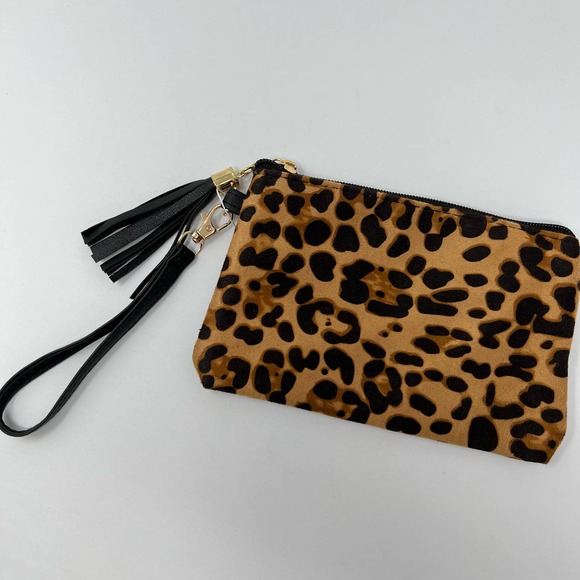 Animal Leopard Print Zip Top Tassel Wristlet Clutch Womens Accessory Bag - Picture 3 of 5